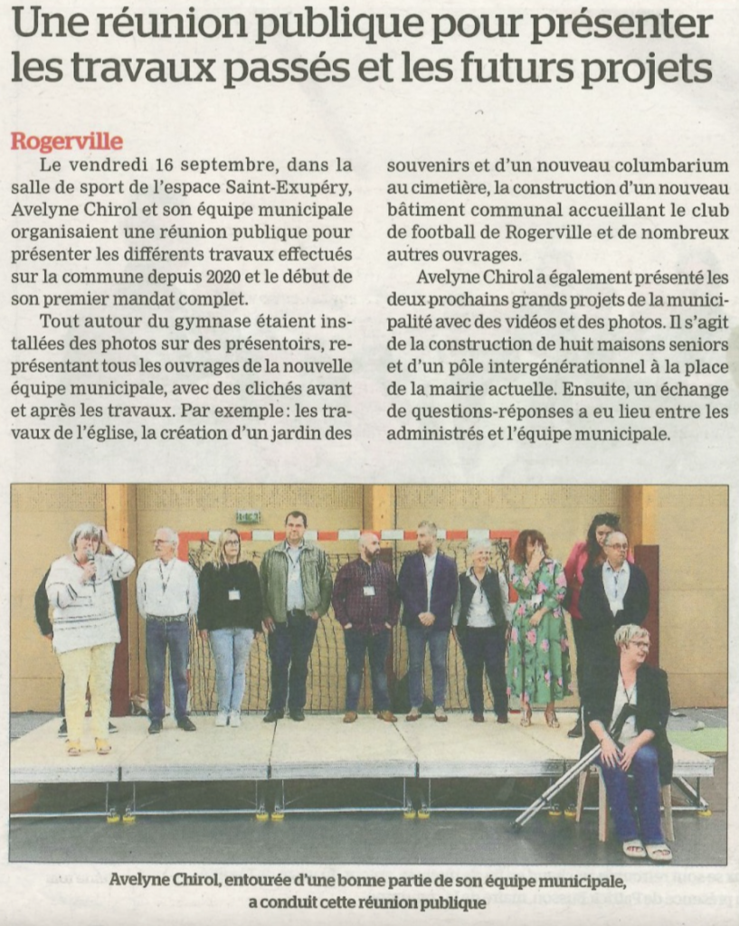 Article paru dans la presse à propos de la réunion publique qui a porté sur les travaux passés et les futurs projets de la commune de Rogerville