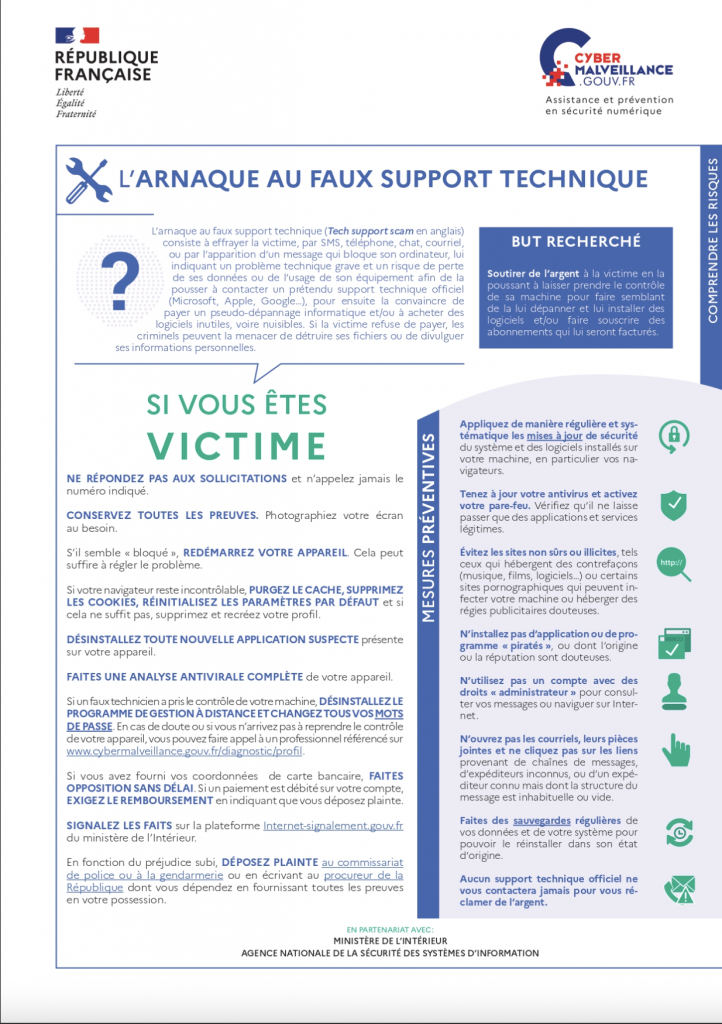 Photo d'un article officiel sur l'arnaque aux faux supports techniques