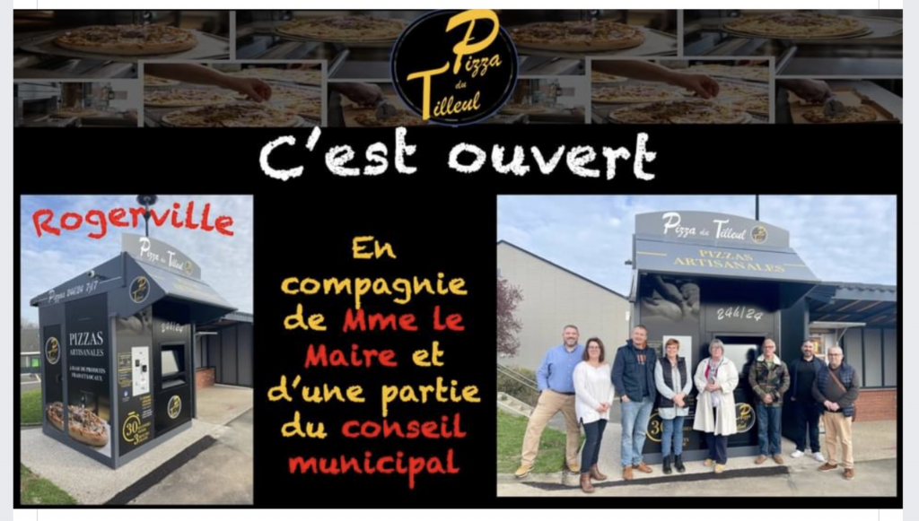Montage photo dans le cadre de l'ouverture du distributeur de pizzas mis en place par Pizza du Tilleul