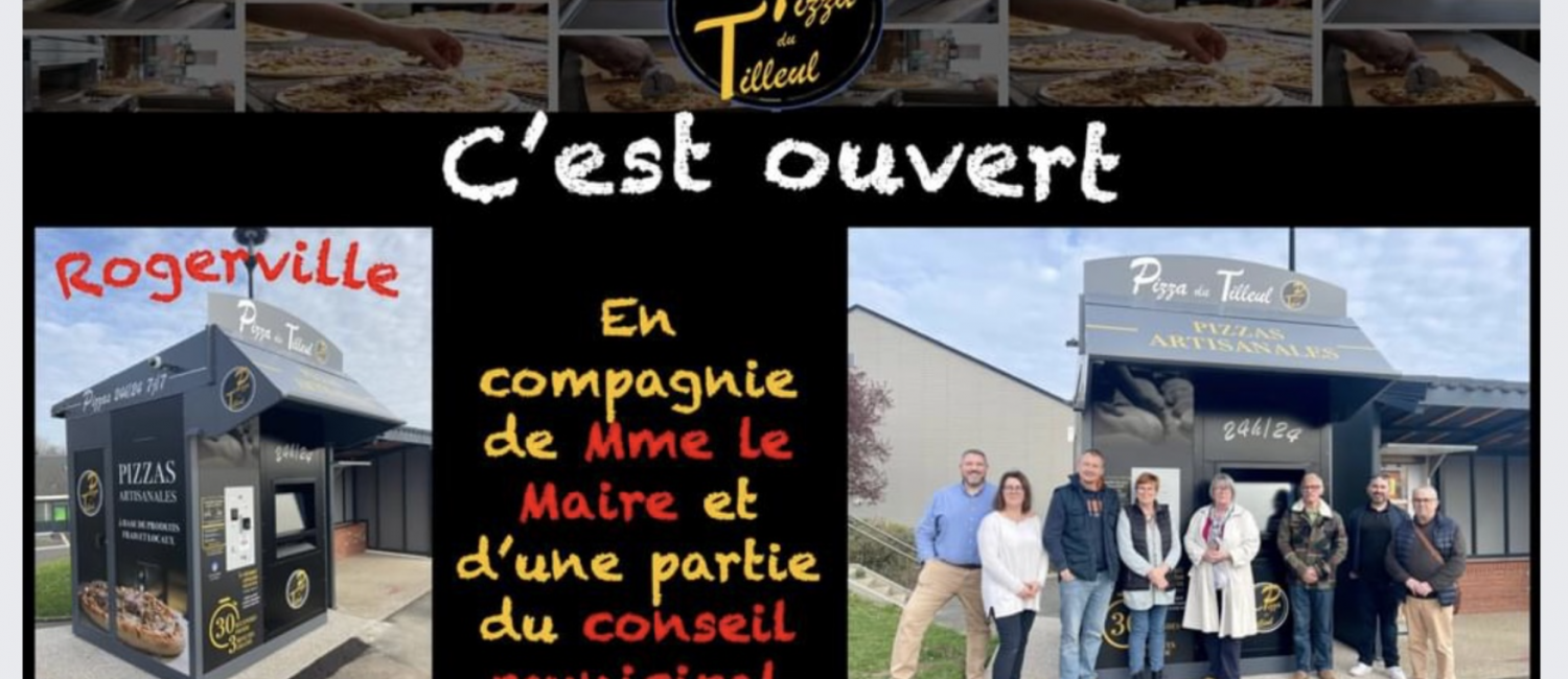 Montage photo dans le cadre de l'ouverture du distributeur de pizzas mis en place par Pizza du Tilleul