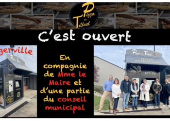 Montage photo dans le cadre de l'ouverture du distributeur de pizzas mis en place par Pizza du Tilleul