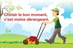 Illustration d'un homme qui tond la pelouse avec devant lui une phrase de rappel sur les bruits de voisinnage