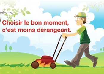 Illustration d'un homme qui tond la pelouse avec devant lui une phrase de rappel sur les bruits de voisinnage