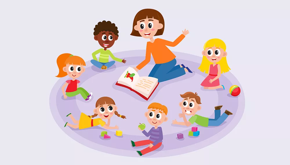 Image animée définissant une assistante maternelle entourée d'enfants